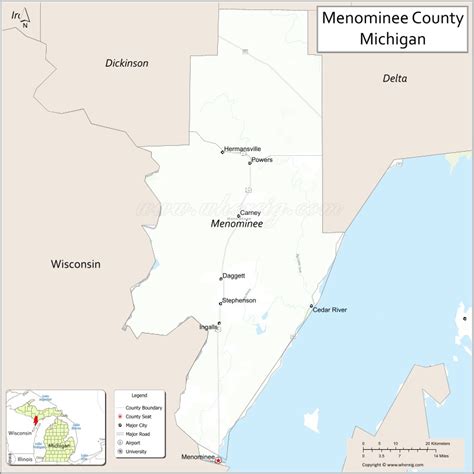 Map of Menominee County, Michigan showing cities, highways & important ...