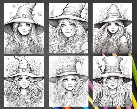 40 Cute Witches Coloring Pages Printable For Adults Grayscale Colorin