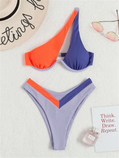 Ba Ador Bikini De Color Combinado De Canal Push Up De Un Hombro Mode