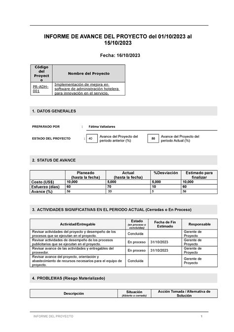 Semana 10 Word Formato De Informe De Avance Del Proyecto INFORME