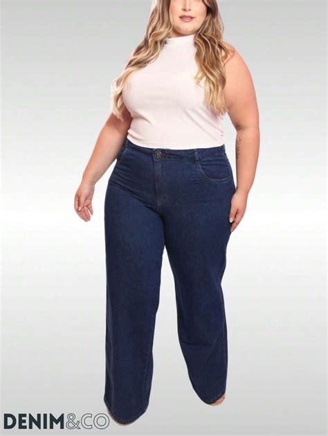 Shein Calça Jeans Feminina Plus Size Lavagem Escura Wide Leg Envio de