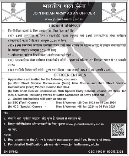 Indian Army Rcruitment 2024 For SSC NCC Special Entry Scheme