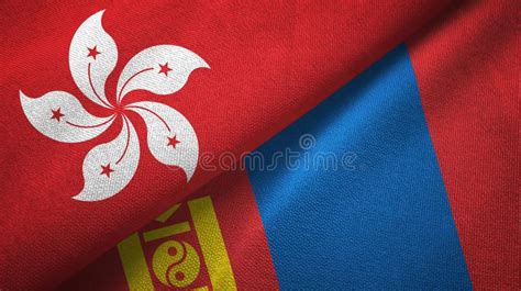 Mongolia And Hong Kong Two Flags Textile Cloth Fabric Texture Stock