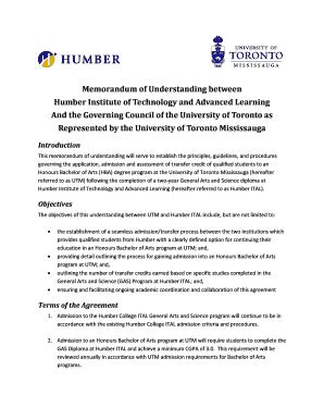 Fillable Online Utm Toronto Memorandum Of Understanding Between Humber