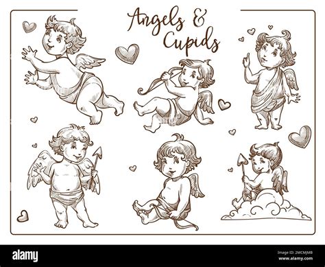 Cupidos y ángeles con alas y flecha Día de San Valentín bocetos