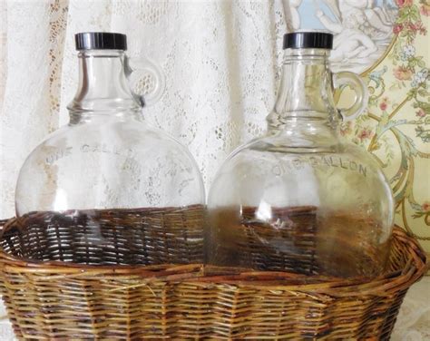 Pair Of Vintage 1945 Duraglas Heavy Glass Gallon Size Jug Pantry Storage Primitive Old Woven