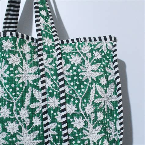 Green Floral Printed Quilted Hand Bags Hand Block Purse Reversible