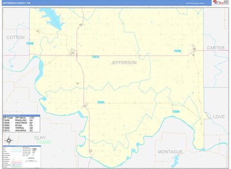 Jefferson County, OK Zip Code Wall Map Basic Style by MarketMAPS