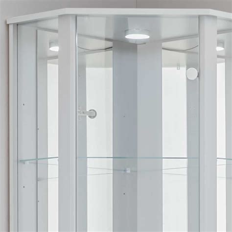 Glasvitrine Eckschrank in Weiß mit LED Licht Spiegel Rückwand Actalando