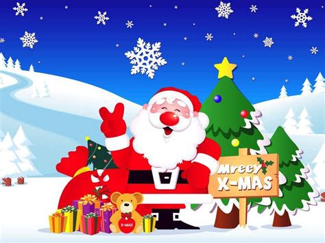 Download Christmas Cartoon Santa Claus By The Christmas Tree Wallpaper | Wallpapers.com