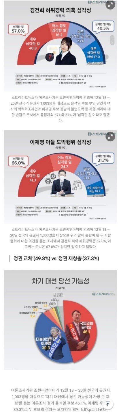 스트레이트뉴스 여론조사 당선 가능성 윤석열 461 Vs 이재명 393 정치시사 에펨코리아