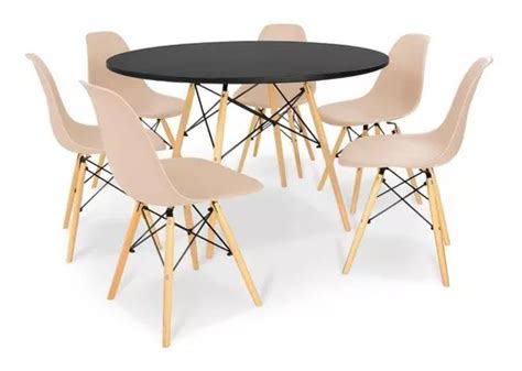 Kit Mesa Jantar Eiffel 120cm Preta 6 Cadeiras Eames Eiffel Cor Nude