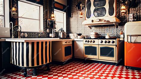 Premium AI Image | Retro diner style kitchen with a checkerboard floor ...