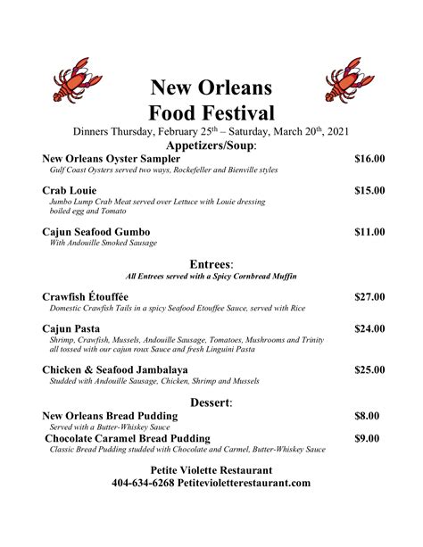 New Orleans Food Festival Menu at Petite Violette at Petite Violette ...