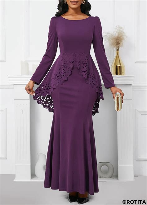 ROTITA Dark Reddish Purple Boat Neck Mermaid Maxi Bodycon Dress