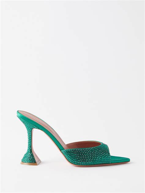 AMINA MUADDI Caroline 95 Crystal Embellished Satin Mules In Green Lyst