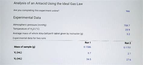 Solved Analysis Of An Antacid Using The Ideal Gas Law Are You