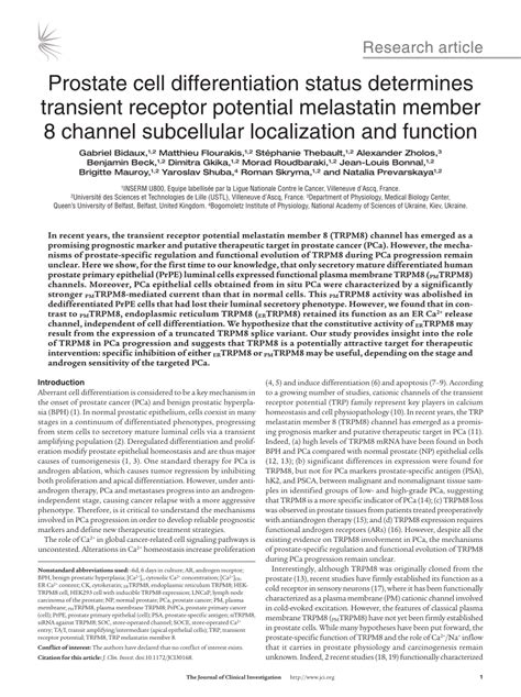 Pdf Prostate Cell Differentiation Status Determines Transient Receptor Potential Melastatin