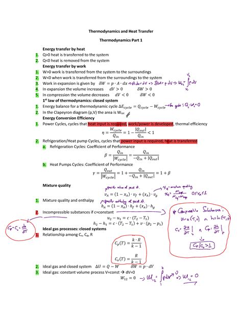 Formula Sheet All Thermodynamics And Heat Transfer Thermodynamics