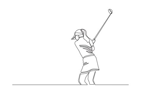 Continuous line drawing of young woman playing golf. Single one line ...