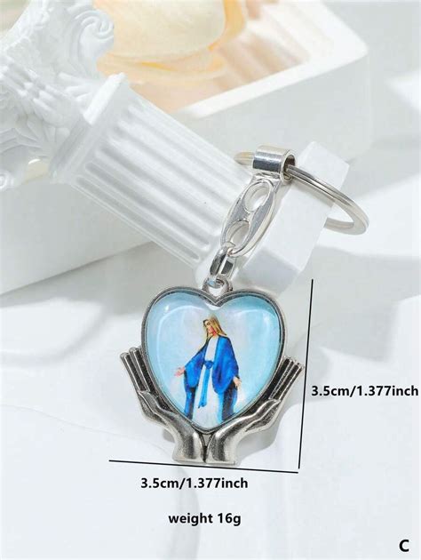 Pc Heart Shaped Metal Keychain With Jesus Mother Mary Saint Therese