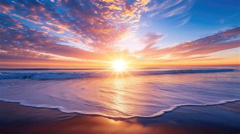 Premium Photo Colorful Ocean Beach Sunrise With Deep Blue Sky And Sun