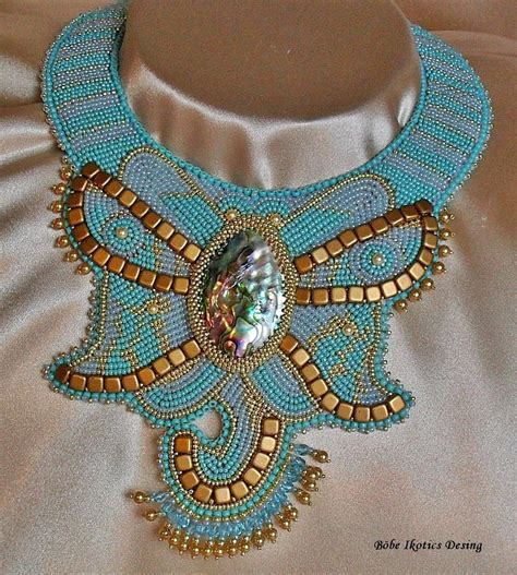 Bead Embroidery Necklace Collar Blue Gold Bronze Bead Embroidered Ooak