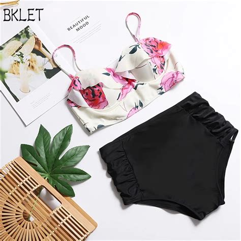 2018 New Halter Ruffle Swimwear Flouncing High Waist Swimsuit Bikini