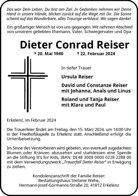 Alle Traueranzeigen für Dieter Conrad Reiser trauer rp online de