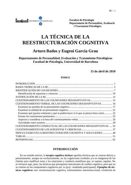 La Técnica de la Reestructuración Cognitiva Apuntes de psicología uDocz