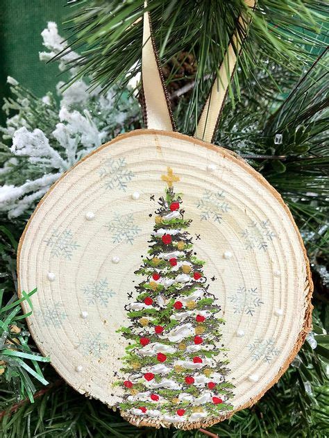 Christmas Tree On Wood Slice Snowflakes Stamped Hand Painted