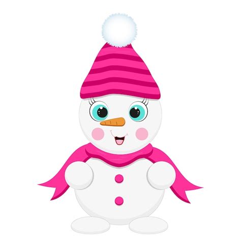 Boneco de neve bonito dos desenhos animados em um chapéu e cachecol