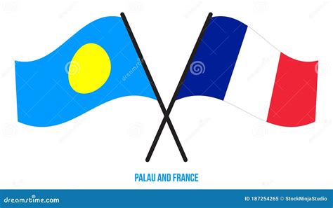 Palau And France Flags Crossed And Waving Flat Style Official