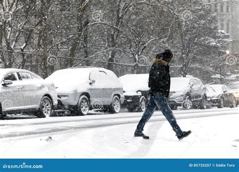 Man Walking In Snow Storm Editorial Photography Image Of York 85735207