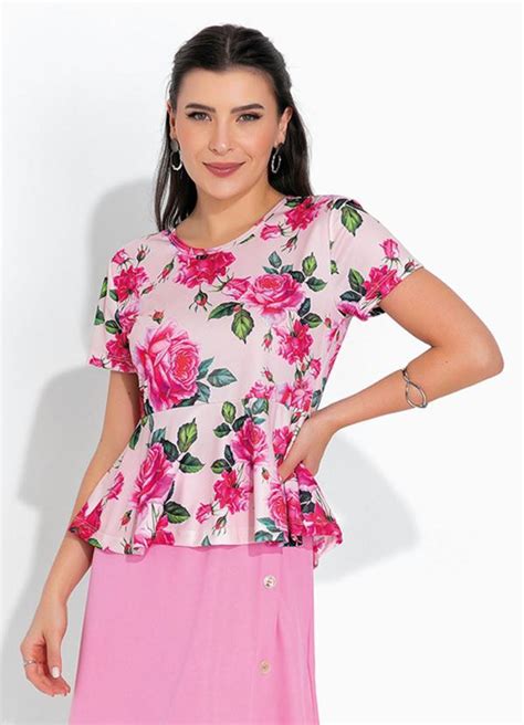 Blusa Floral Rosa Peplum Moda Evangélica Rosalie