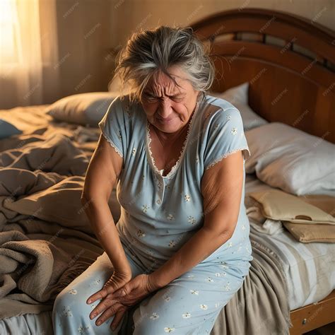 Upset mature woman suffering from backache after sleep rubbing stiff