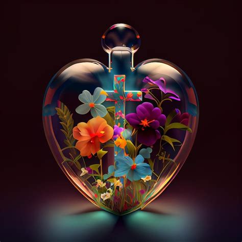 Un vaso en forma de corazón y una flor de colores con una cruz en su