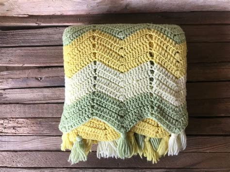 Vintage Yellow Green White Chevron Pattern Crocheted Afghan Etsy