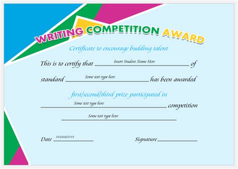 Writing Competition Award Certificates Professional Certificate Templates