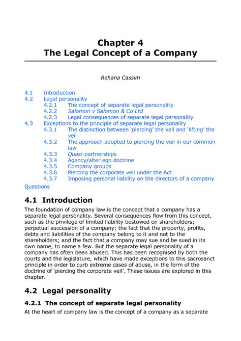 Chapter 4: The Legal Concept of a Company - Rehana Cassim (Company Law