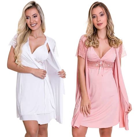 Kit Camisolas Amamenta O Gestante Robe Branco Rosa Moda De