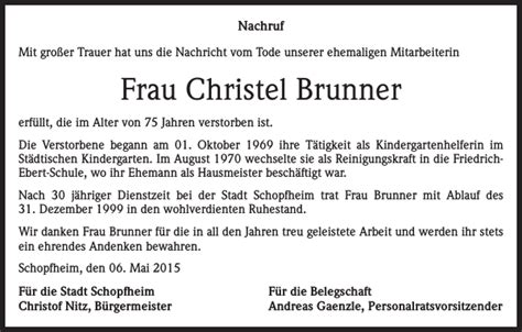 Christel Brunner Traueranzeige Badische Zeitung