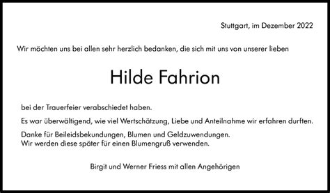 Traueranzeigen Von Hilde Fahrion Stuttgart Gedenkt De