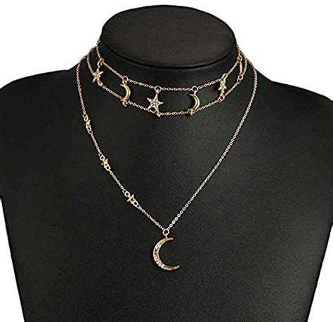 Gold Multi Layer Moon And Star Pendant Necklace