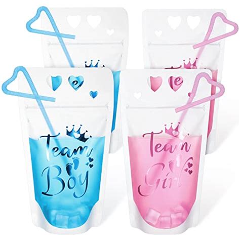 Pcs Gender Reveal Drink Pouch Cups Pink Blue Zipper Bags With Straws