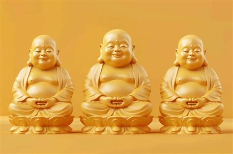 Premium Photo Three Golden Statues Of Buddha Are Sitting On A Yellow