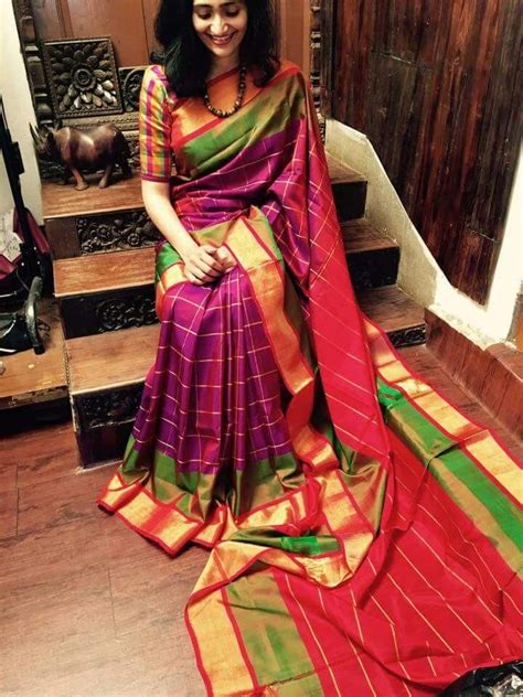 Uppada Purple With Orange Handwoven Checks Silk Saree With Special