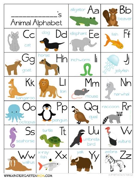 Animal Alphabet Chart Handout for Pre-K - 1st Grade | Lesson Planet