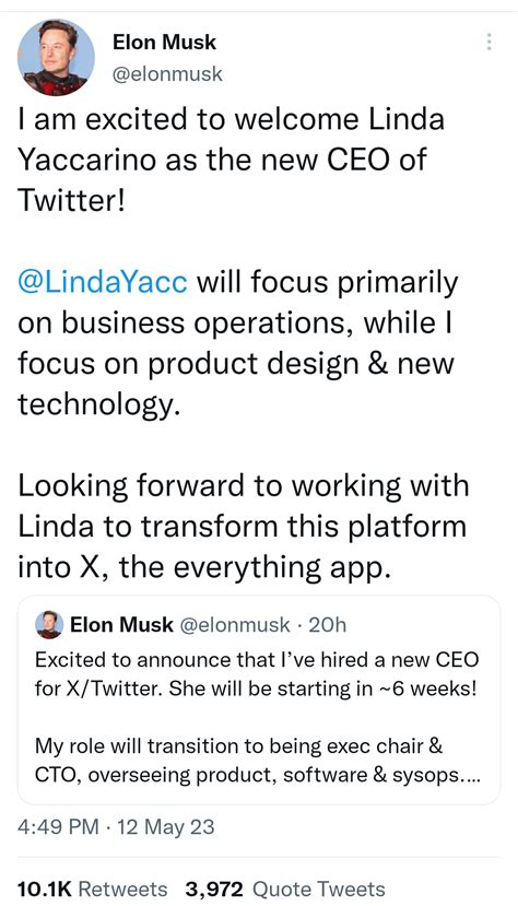 Elon Musk Names Linda Yaccarino As Twitter S New Ceo