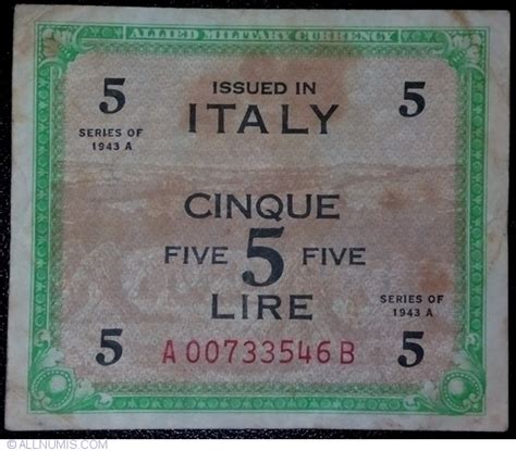 5 Lire 1943 A Allied Military Currency Series 1943 A Italy